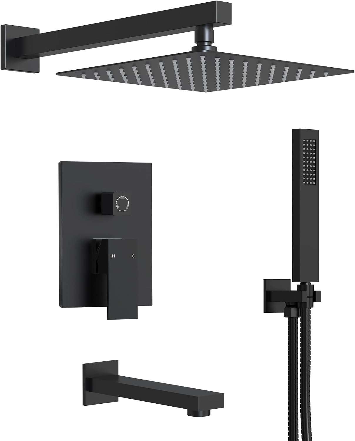 Shower Tub Faucet Set, 10' Bathroom Rainfall Shower Head Fixtures Combo with Handheld Spray and Tub Spout, Matte Black (Valve Included)
