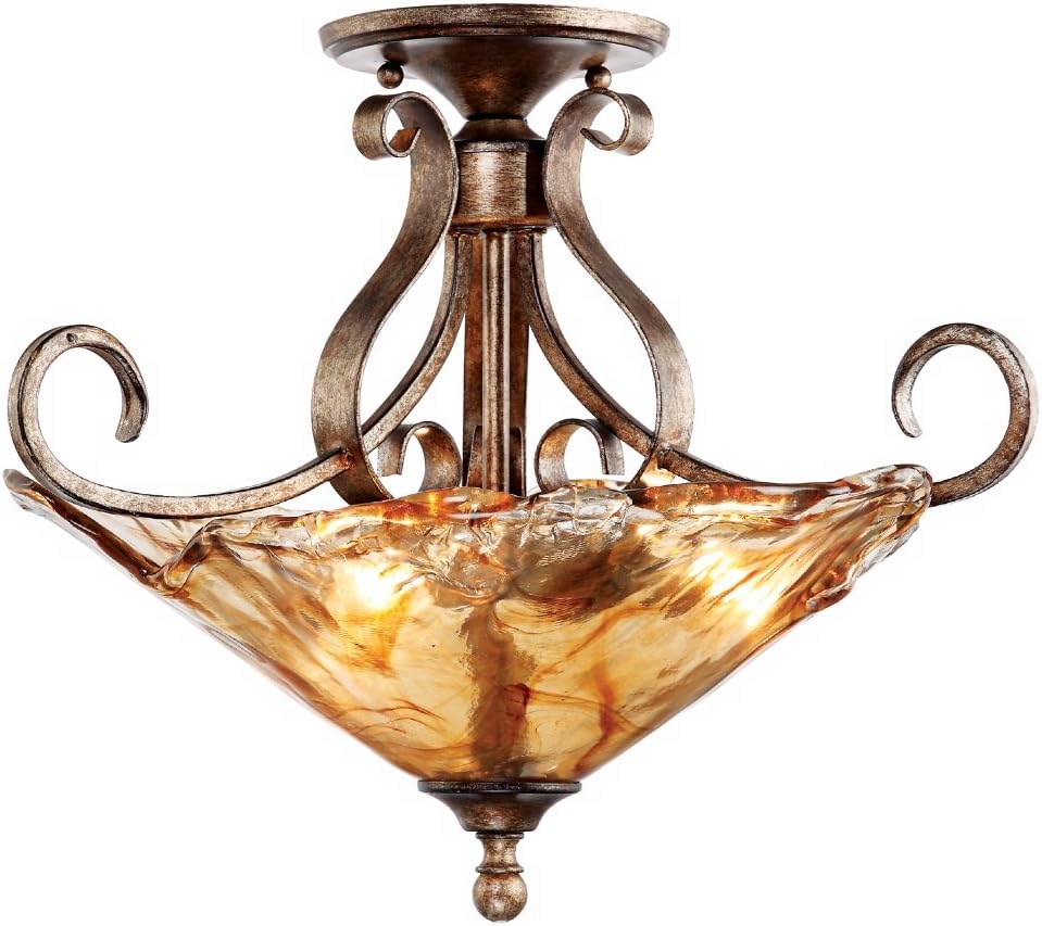 Franklin Iron Works Amber Scroll Rustic Ceiling Light Semi Flush Mount Fixture Golden Bronze 20 1/4' Wide Art Glass for Cottage Core Bedroom Kitchen Living Room Hallway Bathroom (Colors May Vary)