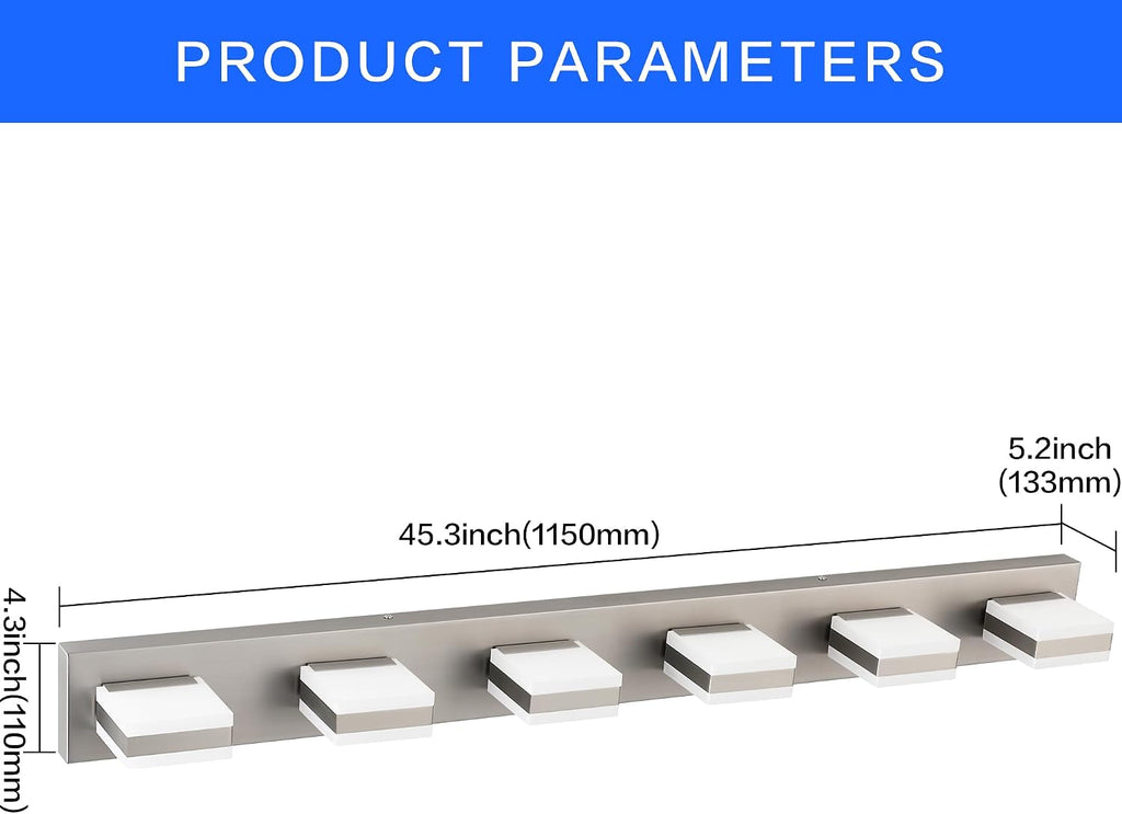 SOLFART LED Modern Bathroom Vanity Lights Over Mirror, Brushed Nickel Vanity Light Fixture 6 Light, LED Nickel Bathroom Lights Cool Light 6000K