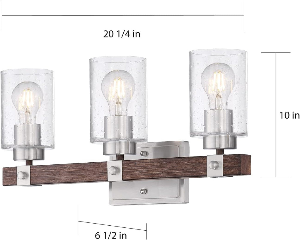Nuvo 60/6963 Arabel Vanity Brushed Nickel and Nutmeg Wood Finish with Clear Seeded Glass, 3 Light