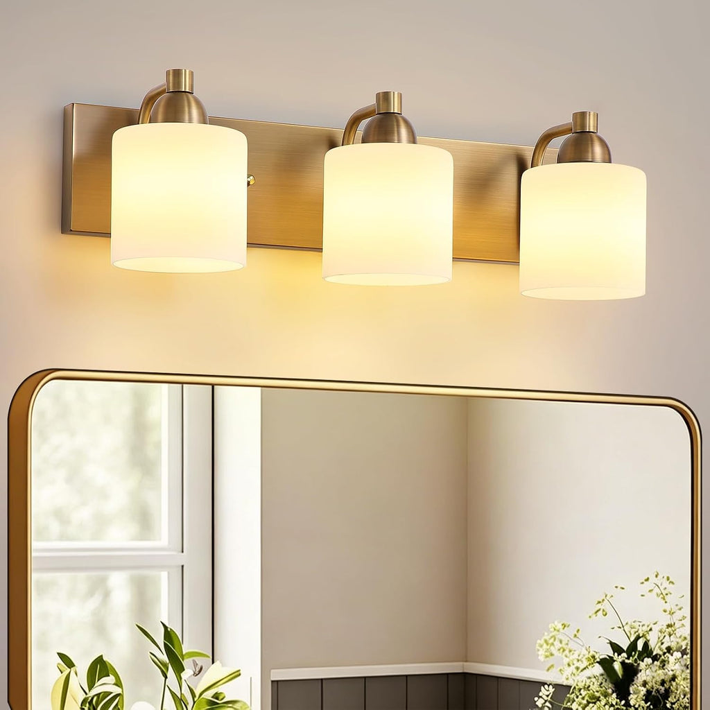 Mecgirn Stainless Steel Milk Glass Vanity Lights for Bathroom, 3 Light Brass Bathroom Light Fixtures Over Mirror, Ceramic E26 Sockets Wall Mounted