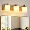 Mecgirn Stainless Steel Milk Glass Vanity Lights for Bathroom, 3 Light Brass Bathroom Light Fixtures Over Mirror, Ceramic E26 Sockets Wall Mounted