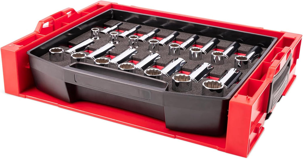 TEKTON 1/2 Inch Drive Shallow and Deep 12-Point Socket Set with Open Top Drawer and Rack, 30-Piece (10-24 mm) | SHD92707