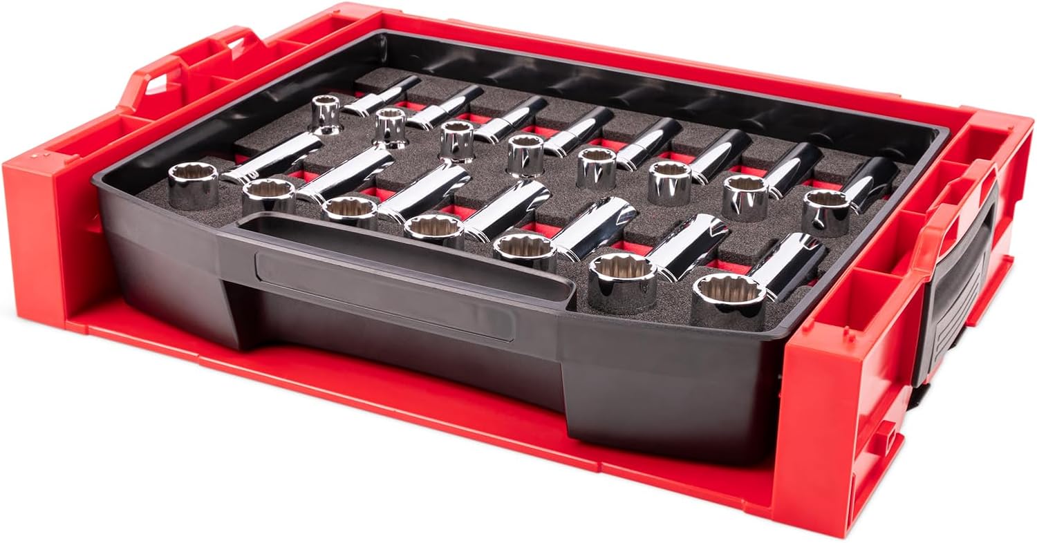 TEKTON 1/2 Inch Drive Shallow and Deep 12-Point Socket Set with Open Top Drawer and Rack, 30-Piece (10-24 mm) | SHD92707