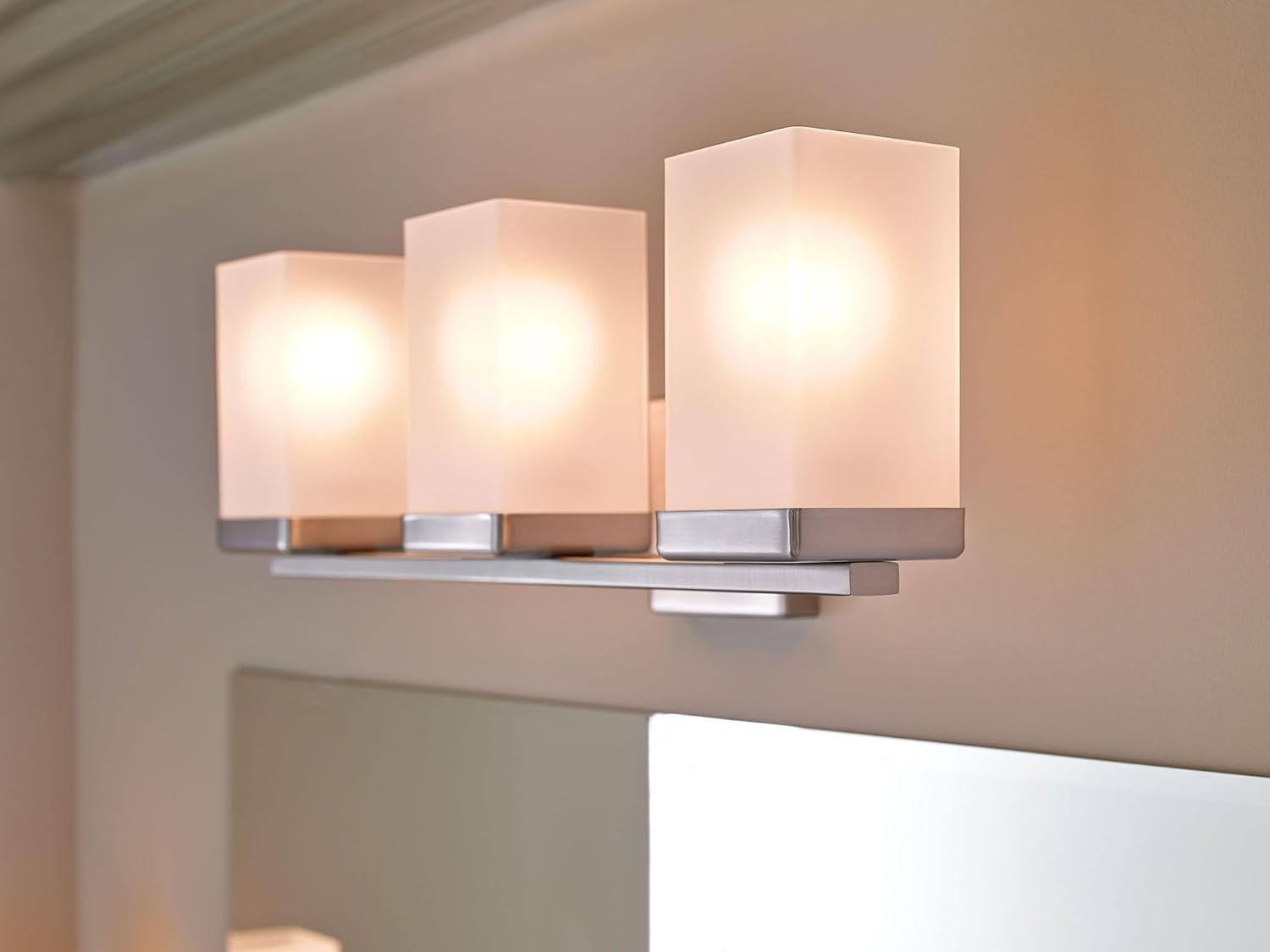 Moen YB8863BN 90 Degree 3-Light Dual-Mount Bath Bathroom Vanity Fixture with Frosted Glass, Brushed Nickel