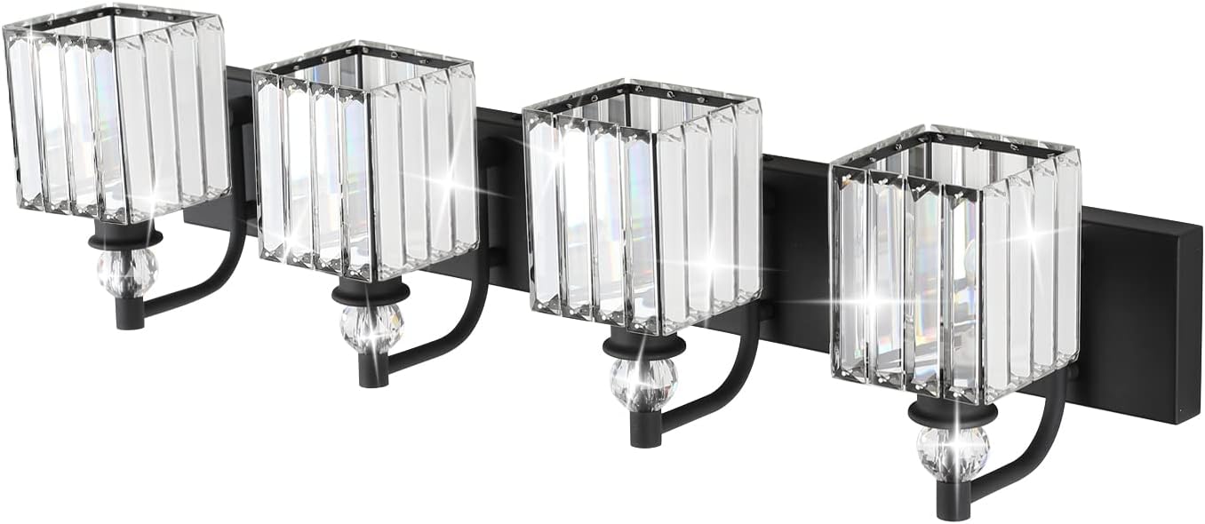 Ralbay Black Crystal Vanity Light 4 Light 31.5''Modern Matte Black Bathroom Wall Light Fixtures Over Mirror Bathroom Vanity Lights