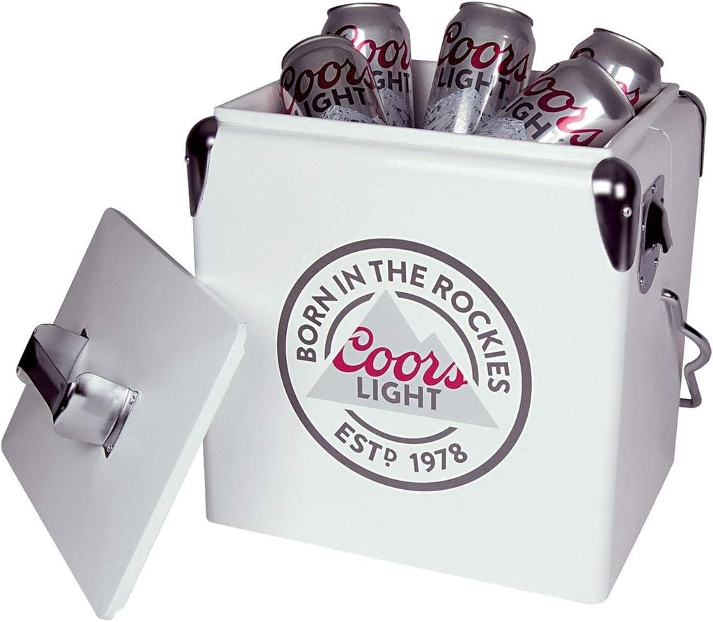 Coors Light Ice Chest Cooler - Portable Ice Bucket with Bottle Opener, Vintage Style, Insulated for Camping, Beach, Picnic, RV, BBQs, Tailgating, Fishing, Steel-Belted 18 Can Ice Box, 13L (14 qt)