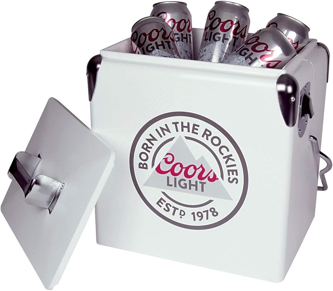 Coors Light Ice Chest Cooler - Portable Ice Bucket with Bottle Opener, Vintage Style, Insulated for Camping, Beach, Picnic, RV, BBQs, Tailgating, Fishing, Steel-Belted 18 Can Ice Box, 13L (14 qt)