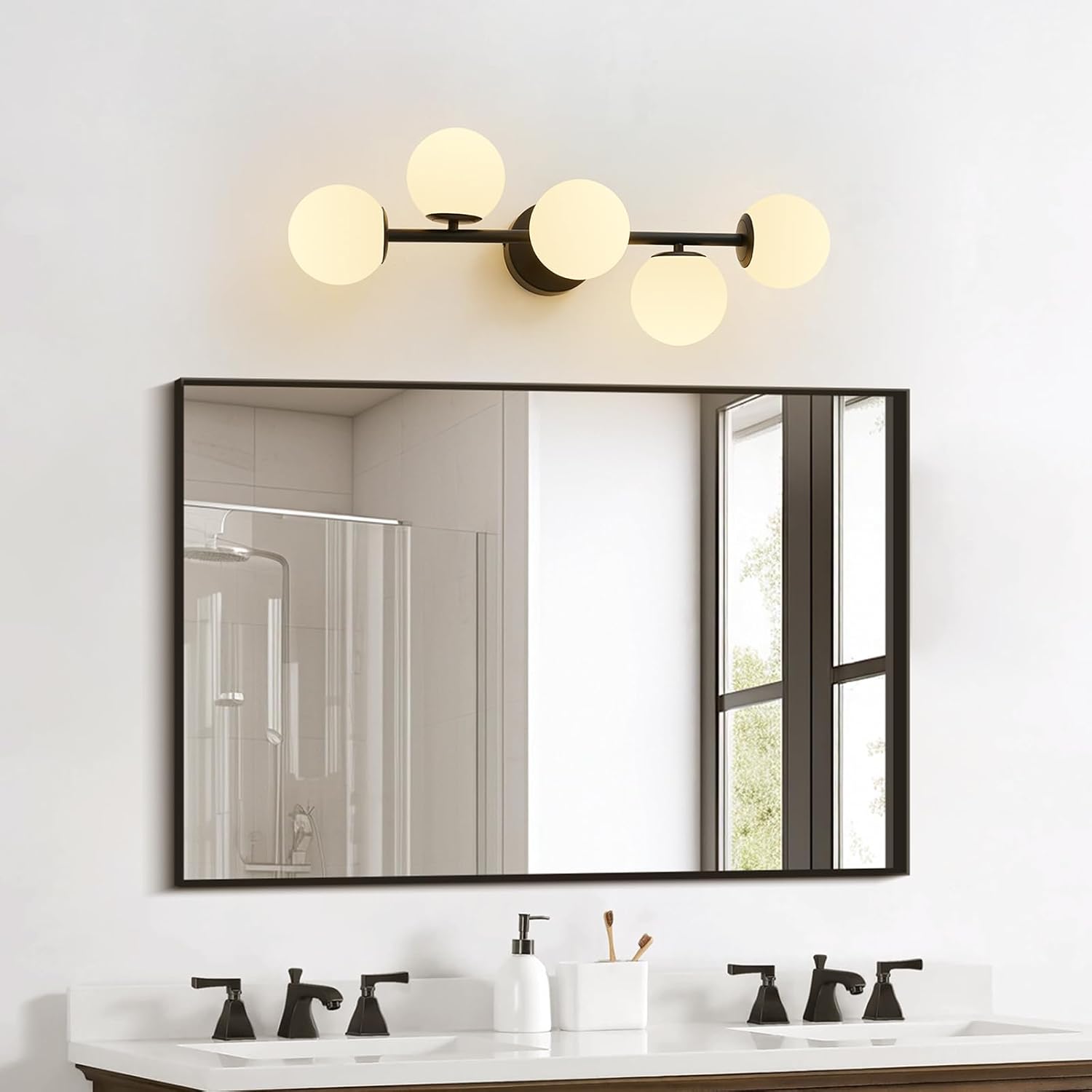 Black LED Bathroom Vanity Light: 5 Lights Mid Century Modern Milk White Glass Globe Vanity Light Fixture over Mirror - Unique Dimmable Hardwired Matte Black Bath Room Makeup Globe Wall Sconce Lighting