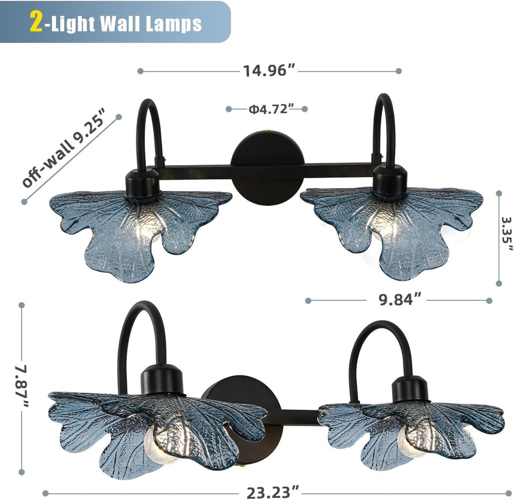 2-Light Glass Wall Mount Light Matte Black Wall Sconce Art Deco Blue Glass Bathroom Lights Fixtures Vintage Vanity Lights Over Mirror for Bedroom Hallway Living Room