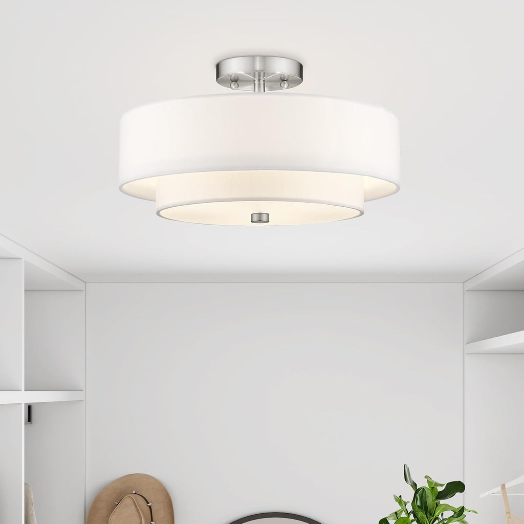 Livex Lighting 51044-91 Brushed Nickel Flush Mount with Off-White Fabric Hardback Shade