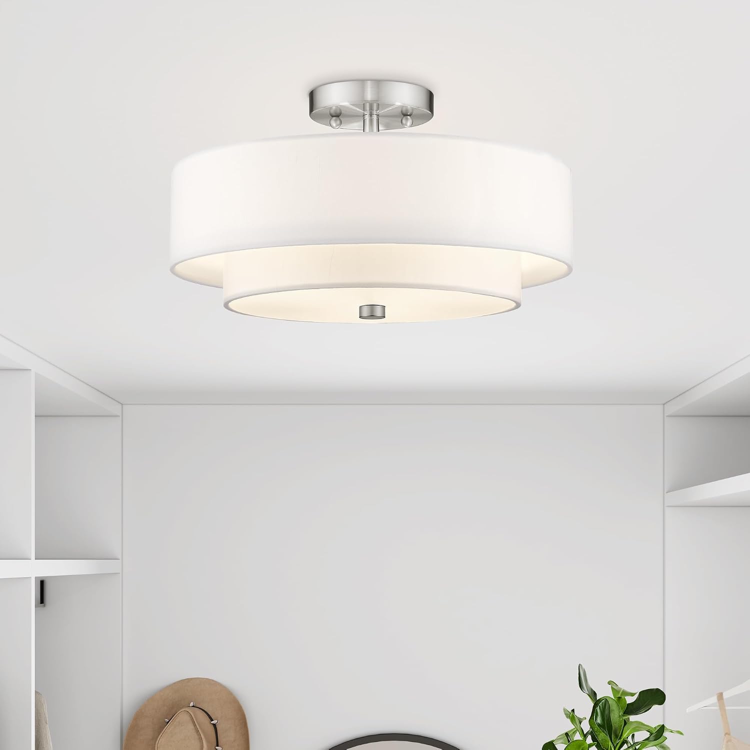 Livex Lighting 51044-91 Brushed Nickel Flush Mount with Off-White Fabric Hardback Shade