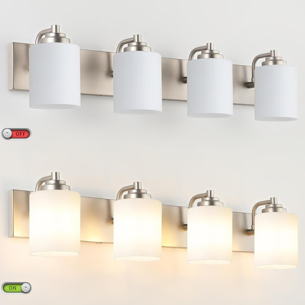 SOLFART Brushed Nickel Bathroom Vanity Light Vintage 4 Light Wall Light with Milky White Globes, 4 Lights Modern Over Mirror Lighting Fixture for Bathroom