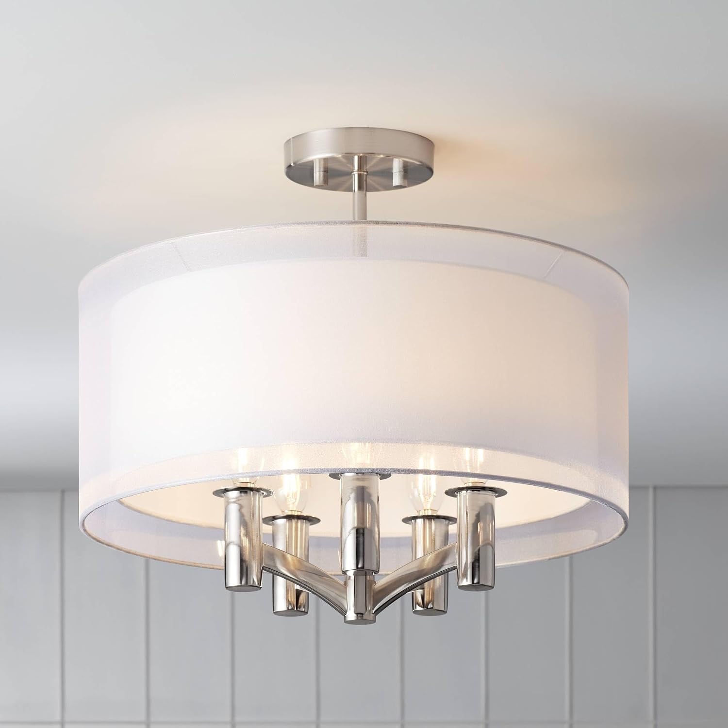 Possini Euro Design Caliari Modern Ceiling Light Semi Flush Mount Fixture Brushed Nickel 18' Wide 5-Light Sheer Silver White Linen Double Drum Shade for Bedroom Kitchen Living Room Hallway Bathroom