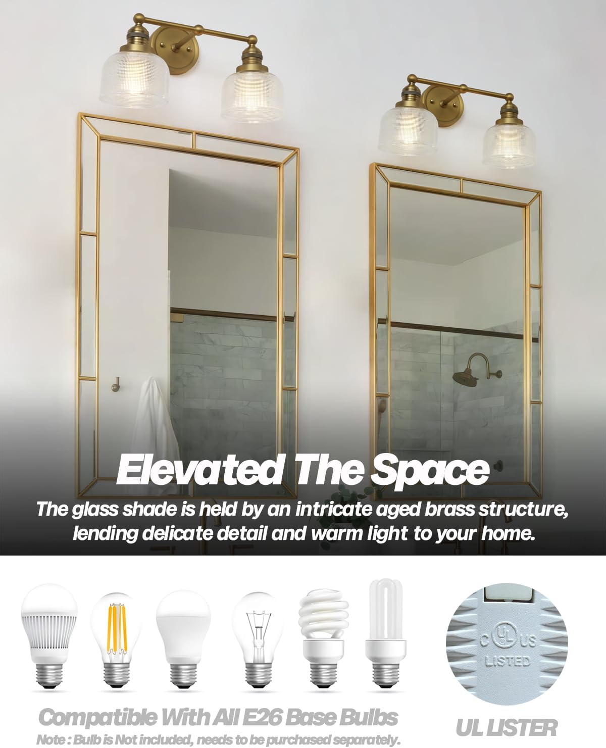 Double Vintage Gold Wall Sconces Antique Brass Bathroom Vanity Light with Clear Corrugated Glass Shade Indoor Hardwire Wall Sconce Lamp Lights for Bathroom Living Room Bedroom Kitchen