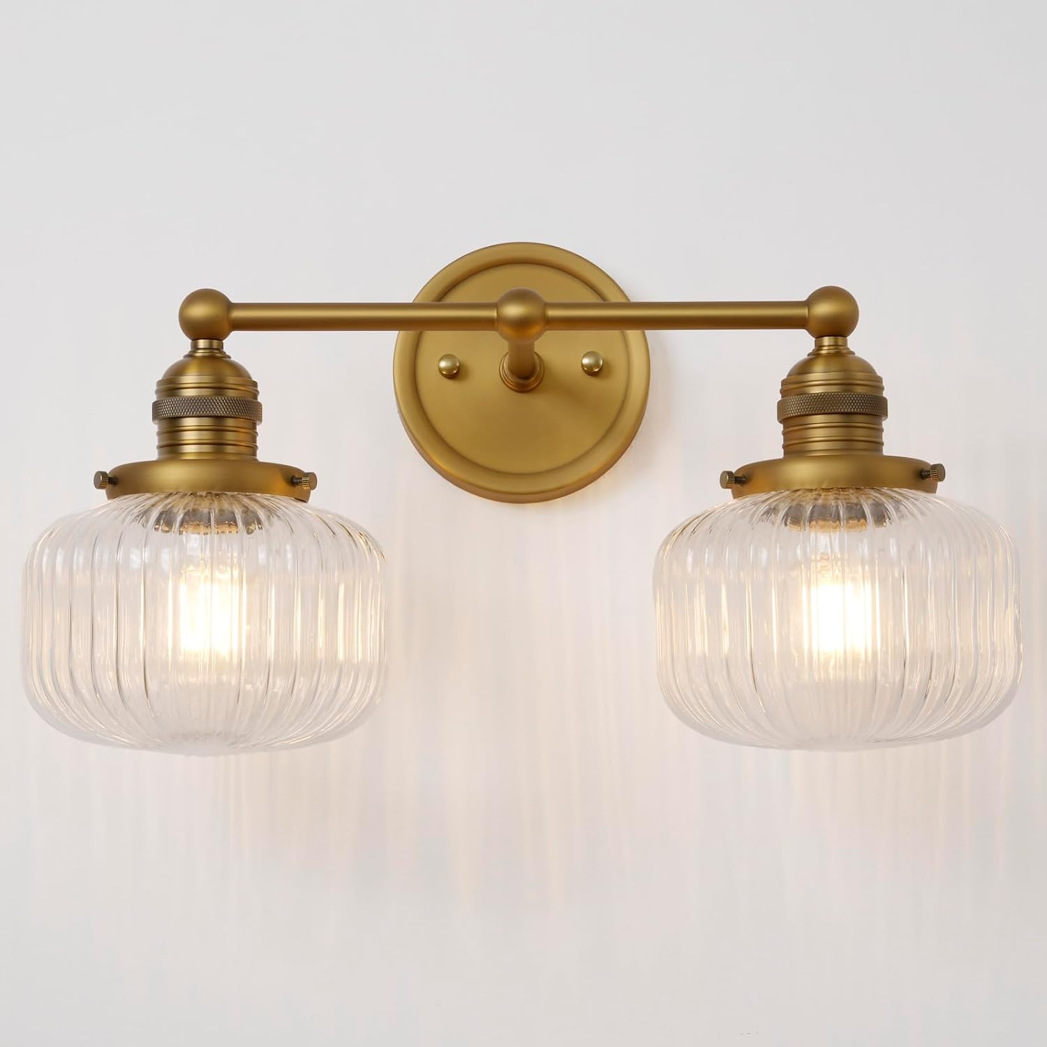 Double Vintage Wall Sconces 2-Lights Brass Gold Bathroom Vanity Light with Clear Striped Glass Shade Indoor Hardwire Wall Sconce Lighting for Bathroom Living Room Bedroom Kitchen