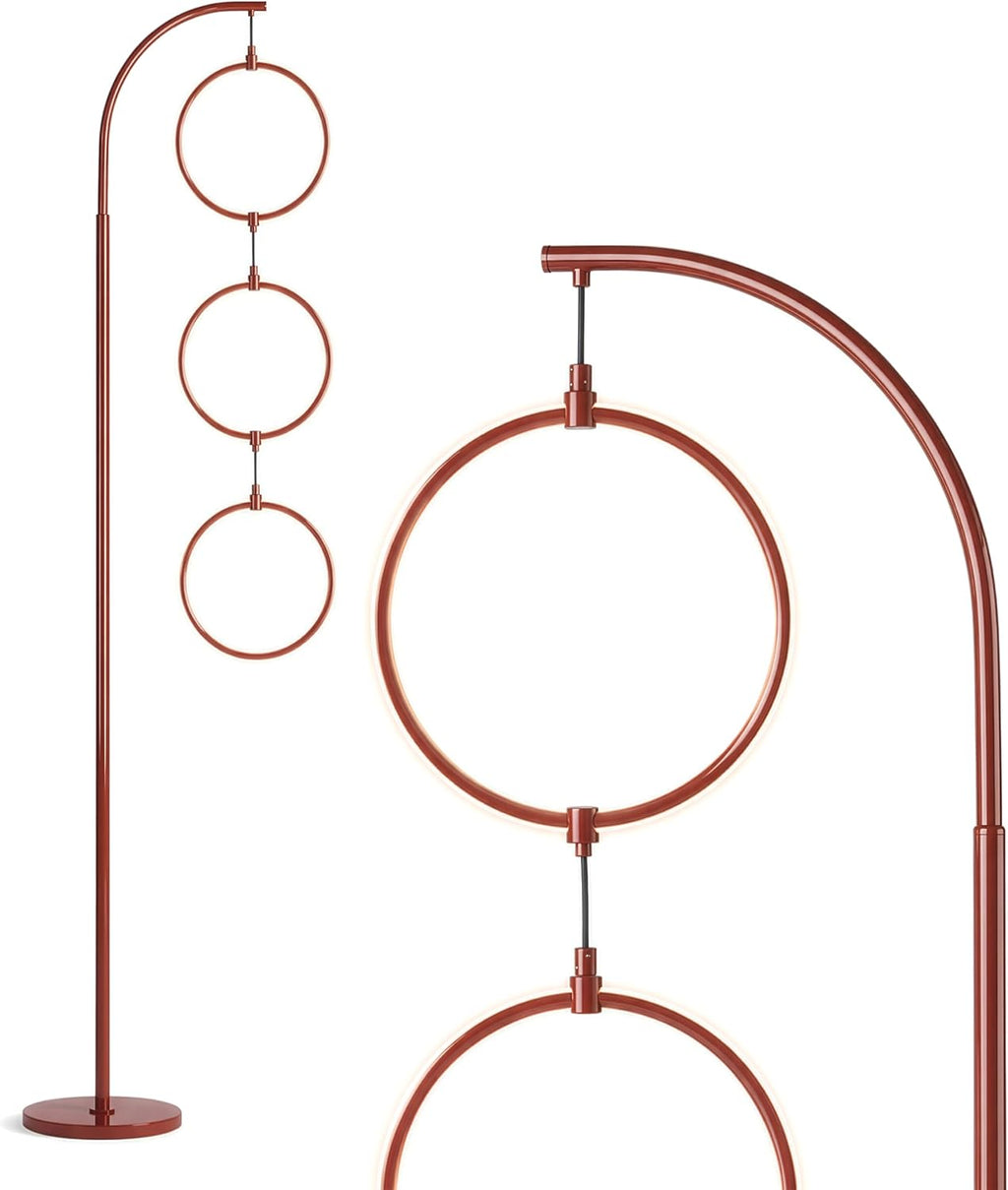 Brightech Nova Modern Floor Lamp - Contemporary Arc Tall Lamp with 3-Circle Ring-Style Pendant - Over the Couch Standing Lamp on Arching Pole - Eclectic Tall Lamp Matches Living Room Décor - Red