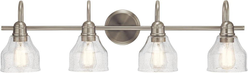 Kichler Avery 33.25' 4 Light Bathroom Vanity Light in Brushed Nickel, Vintage Bathroom Wall Mount Fixture with Clear Seeded Glass, (33.25' W x 9.25' H), 45974NI