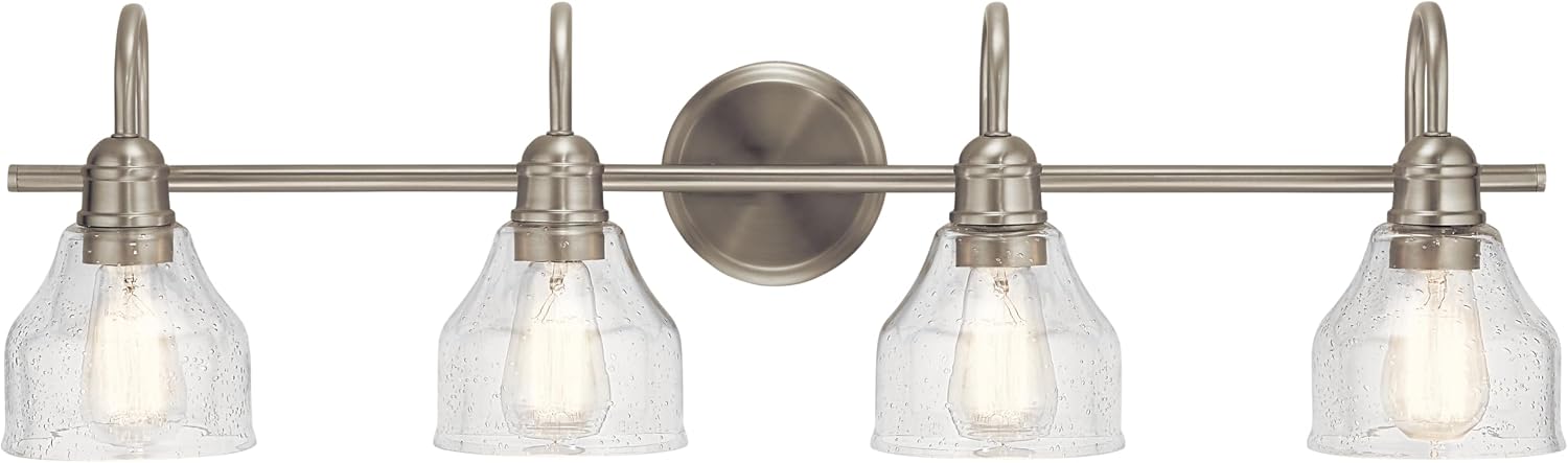 Kichler Avery 33.25' 4 Light Bathroom Vanity Light in Brushed Nickel, Vintage Bathroom Wall Mount Fixture with Clear Seeded Glass, (33.25' W x 9.25' H), 45974NI
