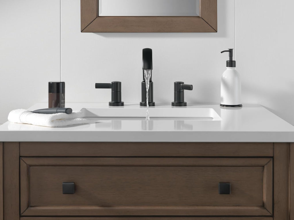 Delta Albion Matte Black Bathroom Faucet 3 Hole, 8 Inch Widespread Bathroom Sink Faucet for Vanity, Metal Push-Pop Drain Assembly, Matte Black 35855LF-BL