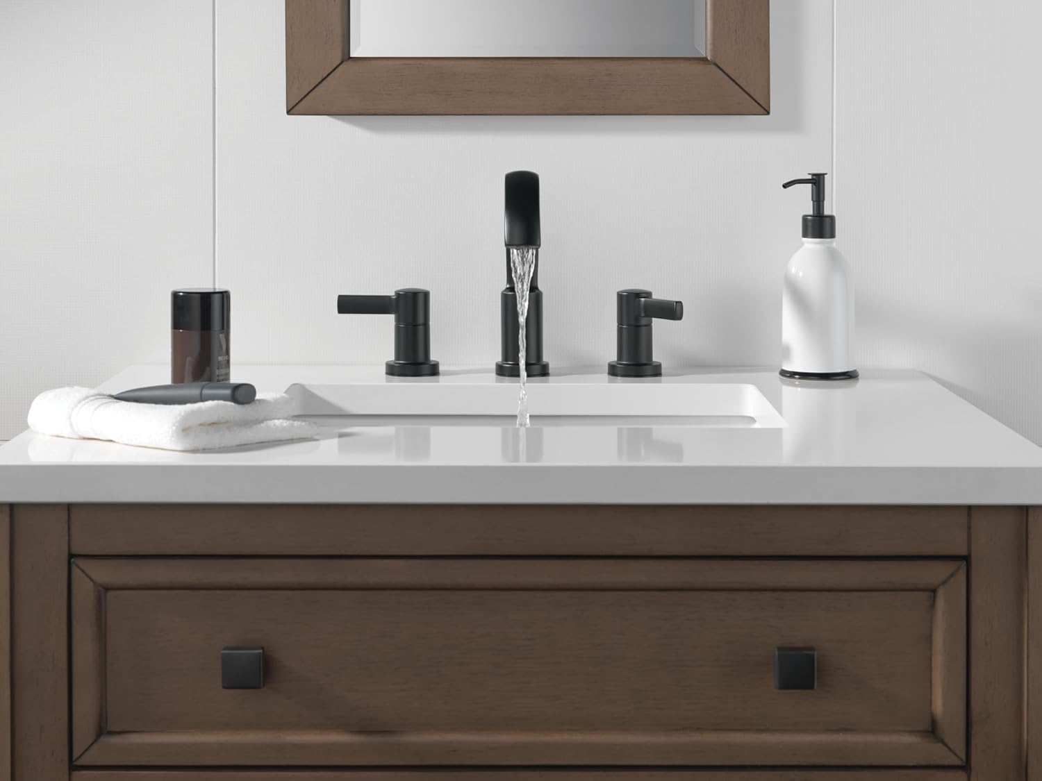 Delta Albion Matte Black Bathroom Faucet 3 Hole, 8 Inch Widespread Bathroom Sink Faucet for Vanity, Metal Push-Pop Drain Assembly, Matte Black 35855LF-BL