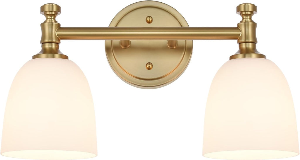 Gold Bathroom Vanity Light Fixtures, 2-Light Over Mirror, Traditional Vanity Lights for Living Room, Milk White Glass Shades, Standard E26 Base, Aged Brass, 16.3' W x 9.4' H x 6.25' D