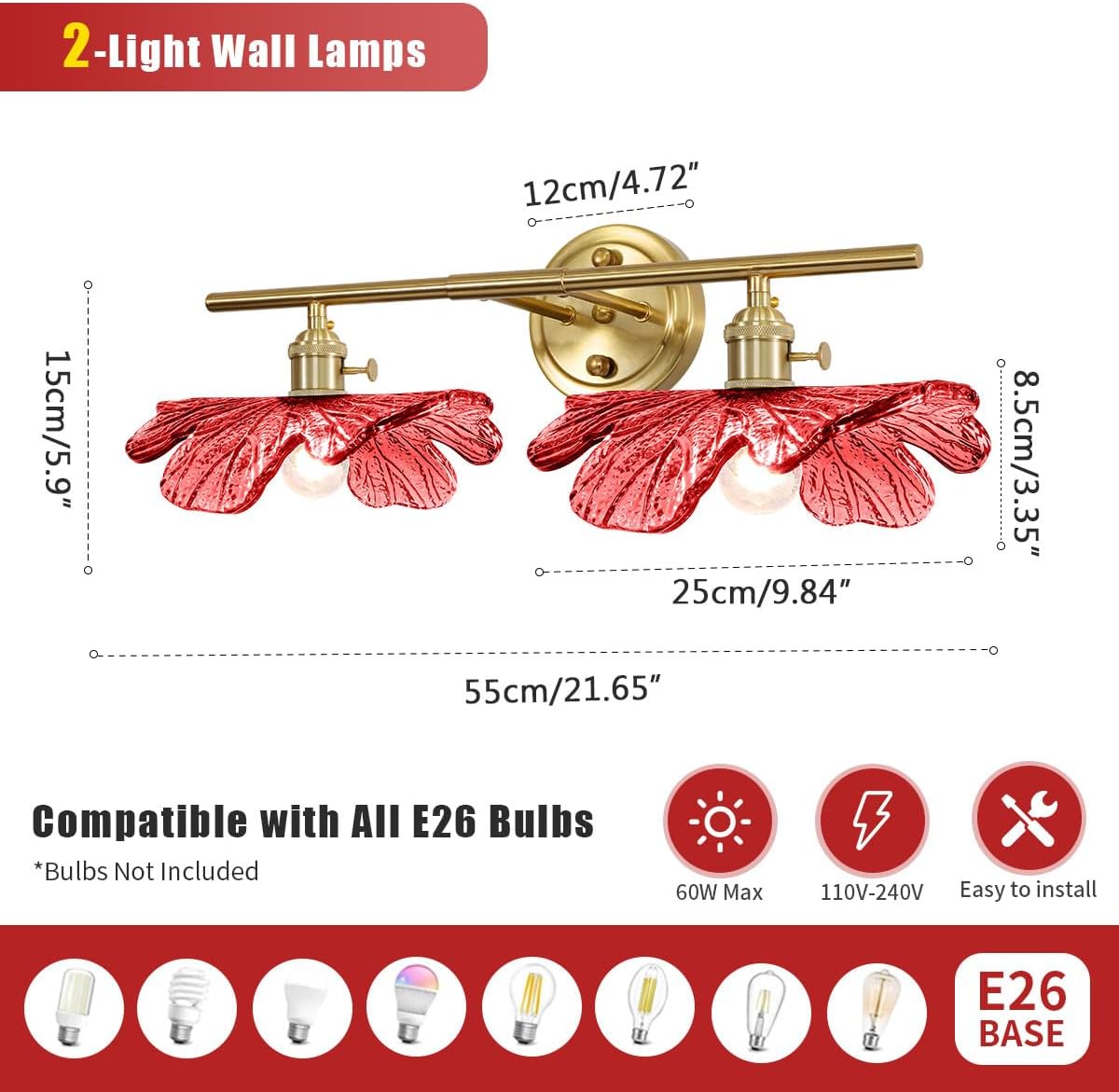 2-Light Red Floral Wall Sconce Mid Century Antique Gold Bathroom Vanity Light with Metal Base, Wall Lighting Fixture Over Mirror for Living Room Bedroom Hallway