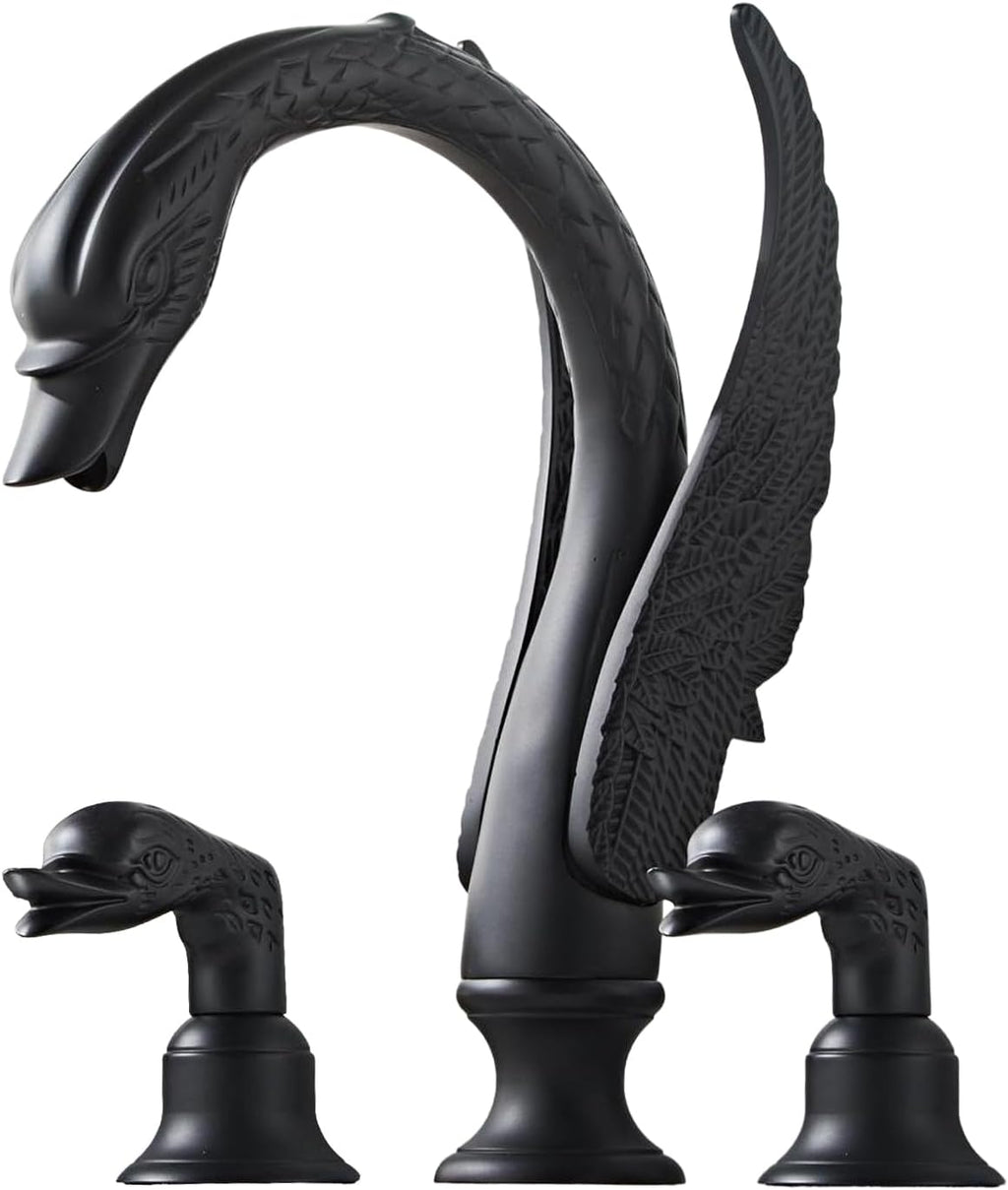 Golden Black Ornate Swan Style Bathroom Sink Faucet Combo Deck Mount Sink Mixer Tap Set Hot Cold Water