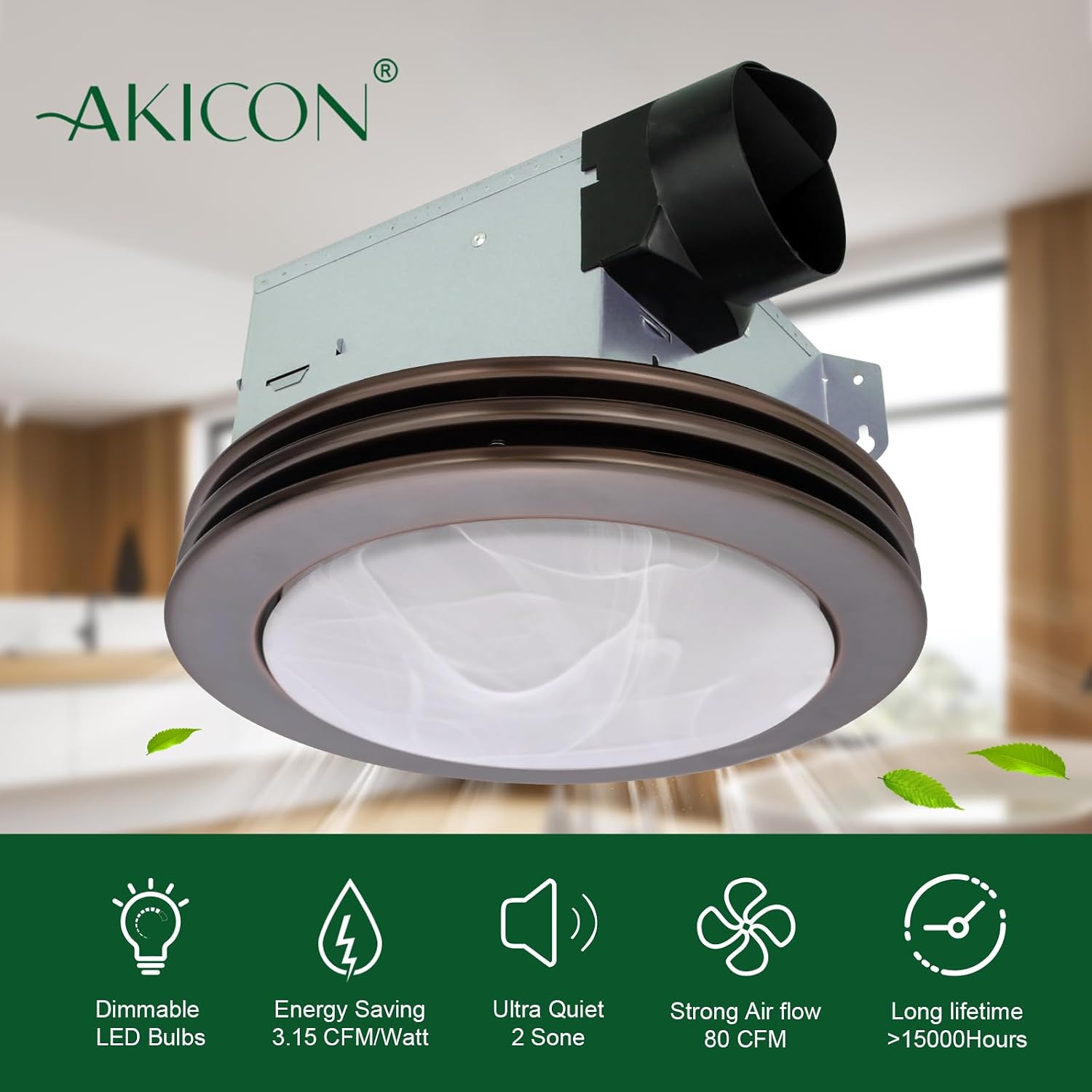 Akicon Ultra Quiet Bathroom Exhaust Fan with LED Light 80CFM 2.0 Sones Round Bathroom Ventilation Fan with Frosted Glass Cover (Oil Rubbed Bronze)