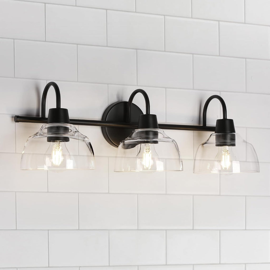 KSANA Black Bathroom Light Fixture, 3-Light Vanity Light with Large Opening Clear Glass Shade, Modern Farmhouse Wall Lamp Over Mirror