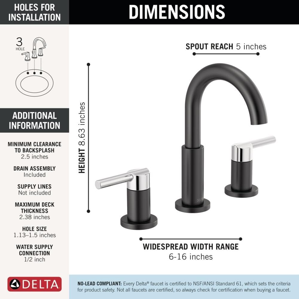 Delta Faucet Nicoli Widespread Bathroom Faucet 3 Hole, Black/Chrome Bathroom Faucet, Bathroom Sink Faucet, 2 Handle Bathroom Faucet, Bath Faucet, Drain Assembly, Matte Black/Chrome 35749LF-CS