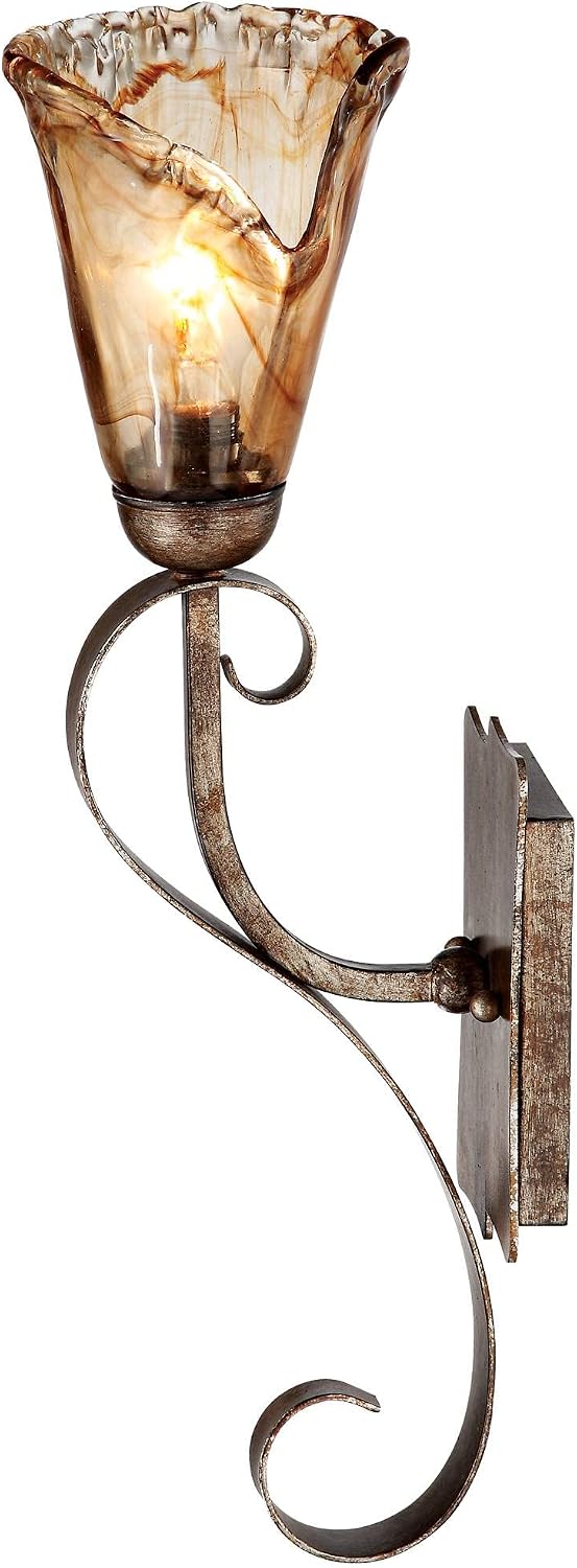 Franklin Iron Works Amber Scroll Rustic Wall Sconce Lighting Golden Bronze Metal Hardwired 23 1/2' High Fixture Amber Art Glass Cottage Core Decor for Bedroom Bathroom Bedside Home (Colors May Vary)