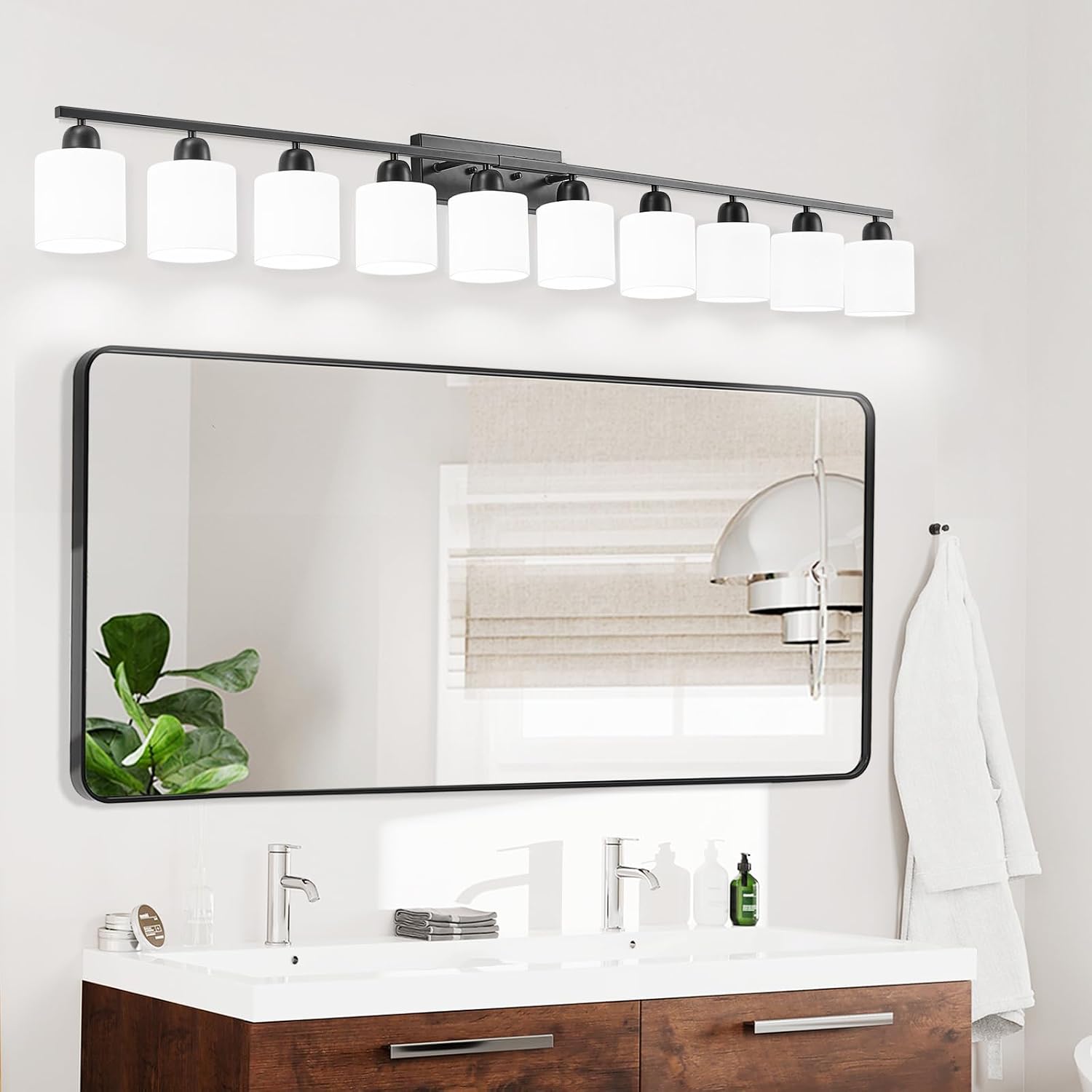 10 Light Black Vanity Lights for Giant Mirror, Bathroom Vanity Lights Over Mirror with Milky White Frosted Glass Shades,65 inch Bathroom Light Fixture for Mirrors, E26