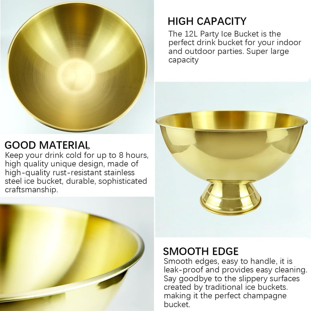 3 Gallon 12L Stainless Steel Beverage Tub Insulated Ice Bucket Metal Champagne Bowl with Base Large Size Ice Bowl for Wine Beer Home Bar Parties（Gold）
