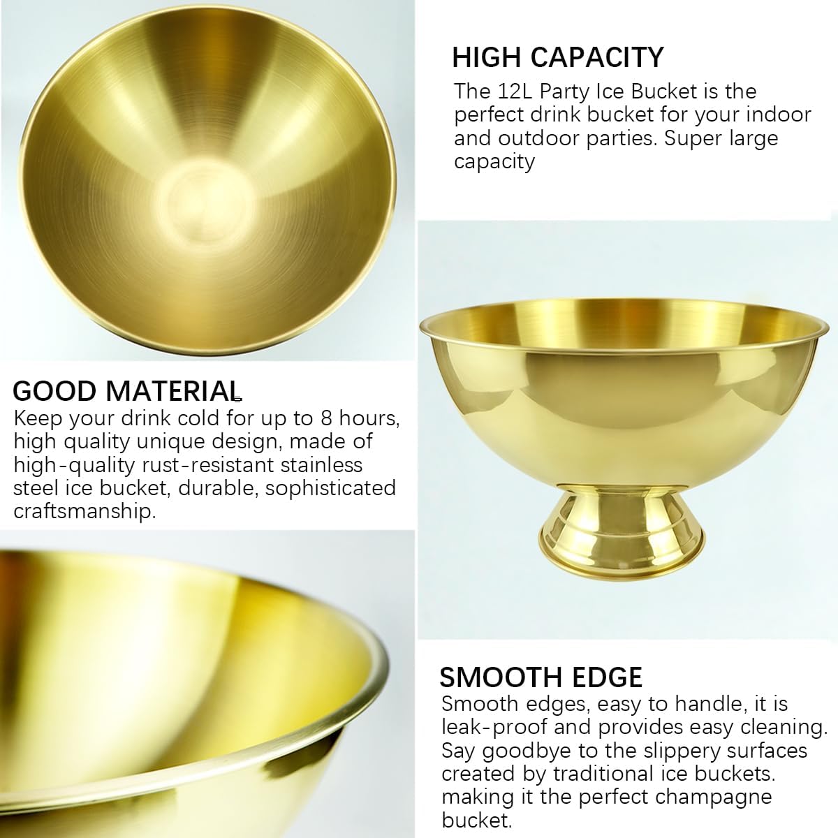 3 Gallon 12L Stainless Steel Beverage Tub Insulated Ice Bucket Metal Champagne Bowl with Base Large Size Ice Bowl for Wine Beer Home Bar Parties（Gold）