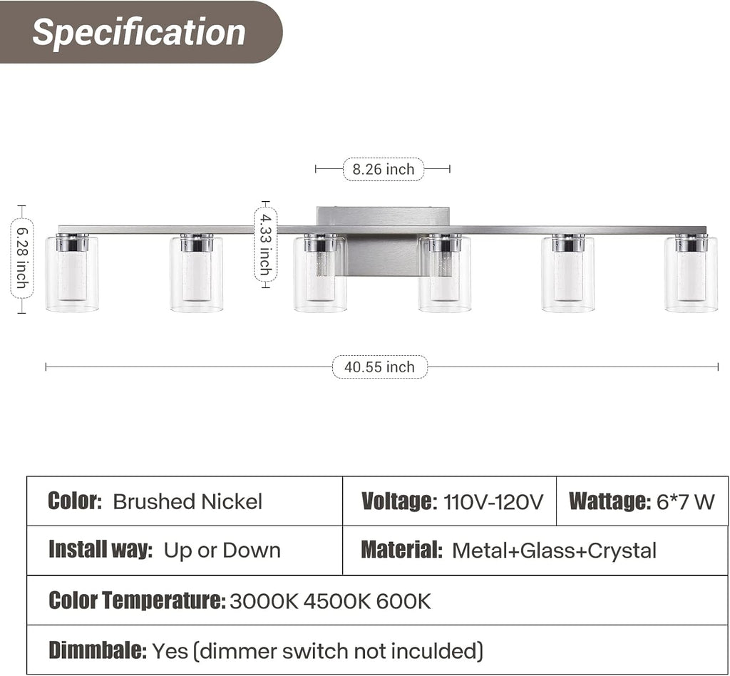 Brushed Nickel 6-Light Vanity Fixtures, Crystal Bubble Glass LED Sconces - Dimmable 3-Color (White/Neutral/Warm) for Bathroom, Hallway, Living Room