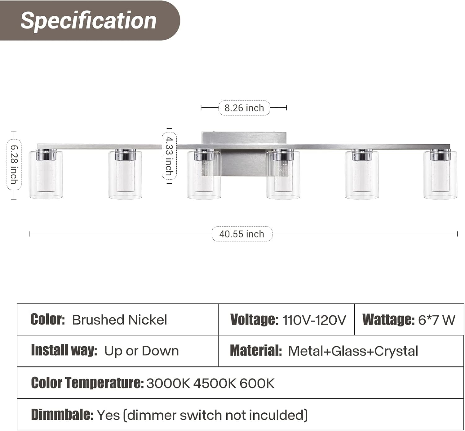 Brushed Nickel 6-Light Vanity Fixtures, Crystal Bubble Glass LED Sconces - Dimmable 3-Color (White/Neutral/Warm) for Bathroom, Hallway, Living Room