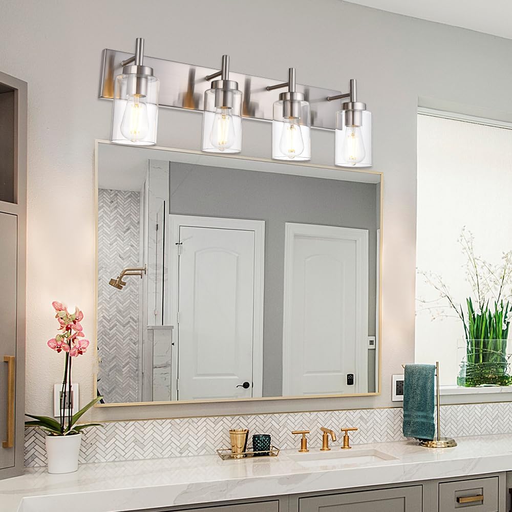 4 Lights Bathroom Vanity Light Fixture Brushed Nickel Sconces Wall Lighting Modern Industrial Indoor Wall Mounted Lamp for Kitchen Dining Room (Patent No.: US D958,438 S)