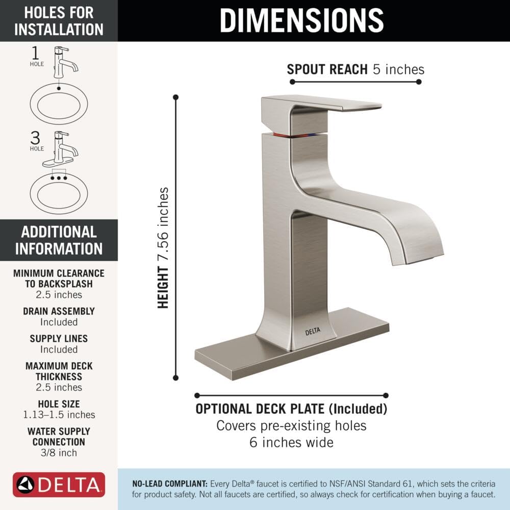 Delta Velum Brushed Nickel Bathroom Faucet 1 Hole, Single Hole Bathroom Sink Faucet for Vanity, Metal Push-Pop Drain Assembly, Stainless 539-SSMPU-DST