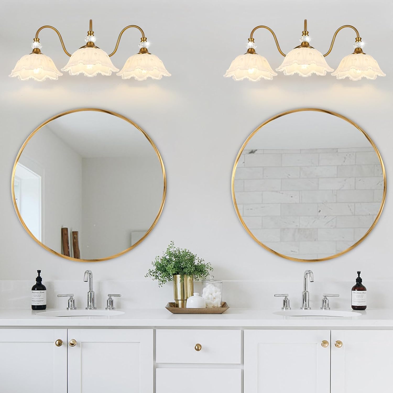 Vintage Bathroom Vanity Light, 3-Light Matte Brass Finish Vanity Light with Floral White Glass Shades, Retro Wall Sconce for Bathroom, Dressing Table