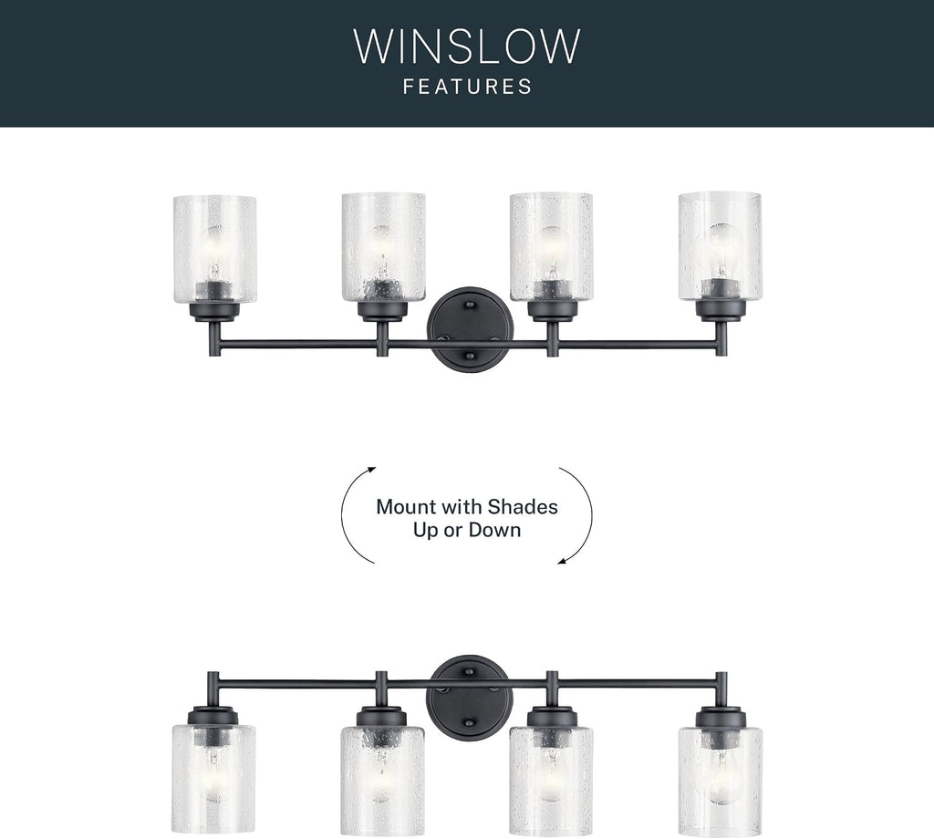 Kichler Winslow 30' 4-Light Bathroom Vanity Light Fixture with Clear Seeded Glass in Black, Modern Industrial Style for Bathroom and Powder Room, (30' x 9.25' x 6.5'), 45887BK