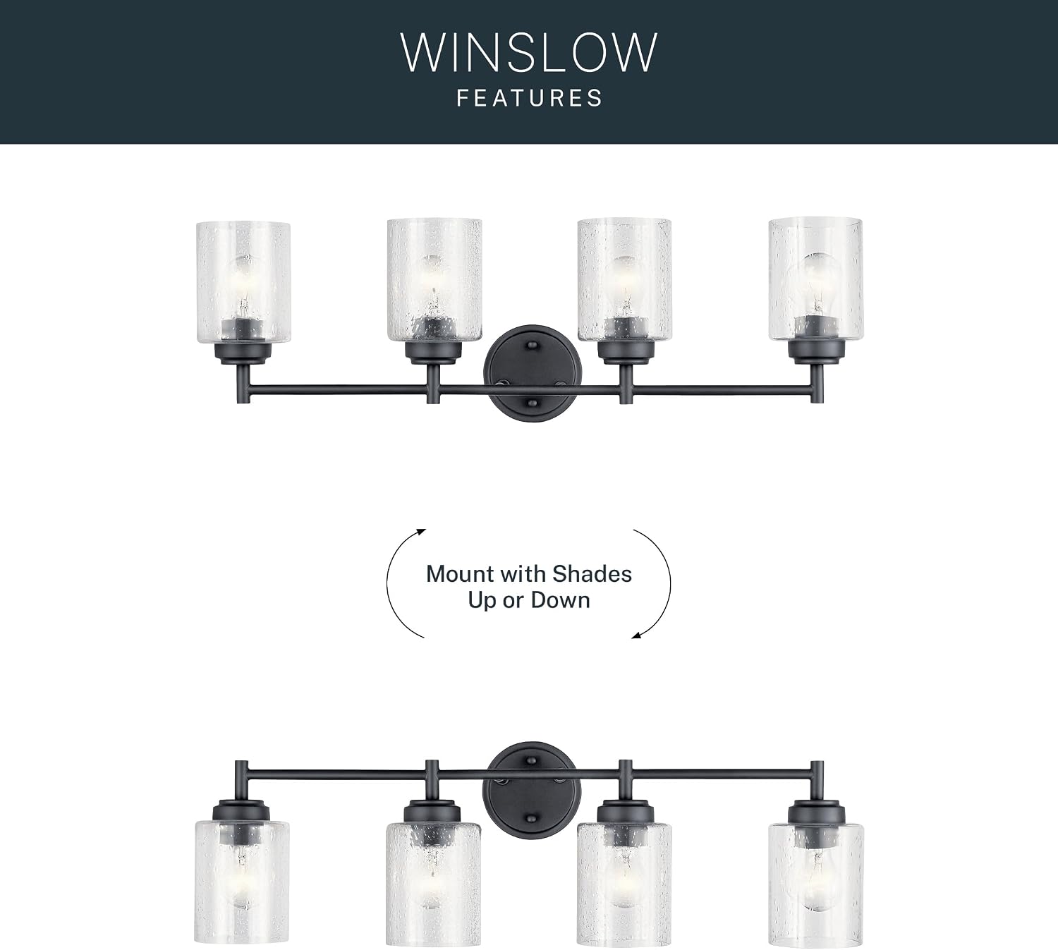 Kichler Winslow 30' 4-Light Bathroom Vanity Light Fixture with Clear Seeded Glass in Black, Modern Industrial Style for Bathroom and Powder Room, (30' x 9.25' x 6.5'), 45887BK