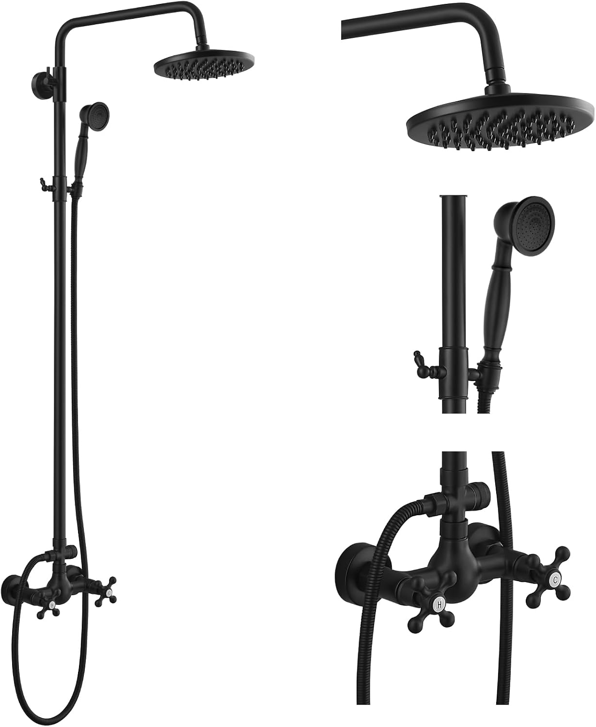 gotonovo Exposed Bathroom Shower Faucet Set Shower Fixture 8 Inch Rainfall Shower Head Handheld Shower Cross Handle Wall Mount 2 Functions Matte Black