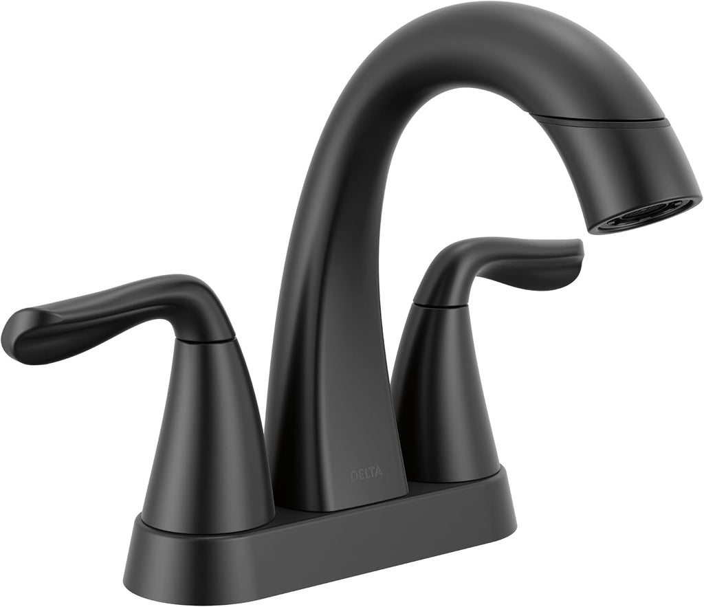 Delta Arvo Pull-Down Centerset Bathroom Faucet, Matte Black Bathroom Sink Faucet, Bathroom Faucet with Pull Out Sprayer, 3-Hole Bathroom Faucet, Matte Black 25840LF-BLPD