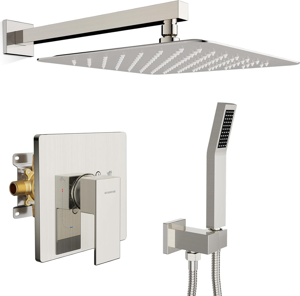 SR SUN RISE Shower Faucet Set & System - 12 Inch Rainfall Shower Head & Handle Set Wall Mounted Brushed Nickel Solid Brass Valve Trim Kit Included