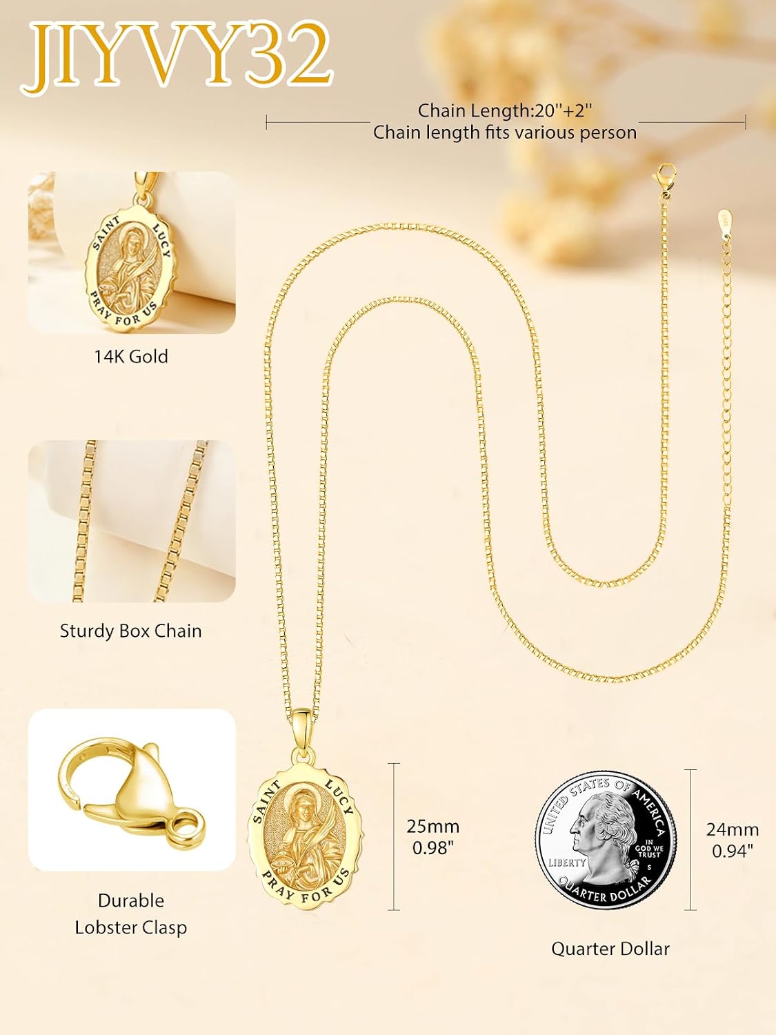 14K Gold Saint Medal Necklace for Women, Catholic Patron Saint Pendant Necklace, Christian Religious Jewelry Gift for Confirmation Baptism Communion Christmas Birthday