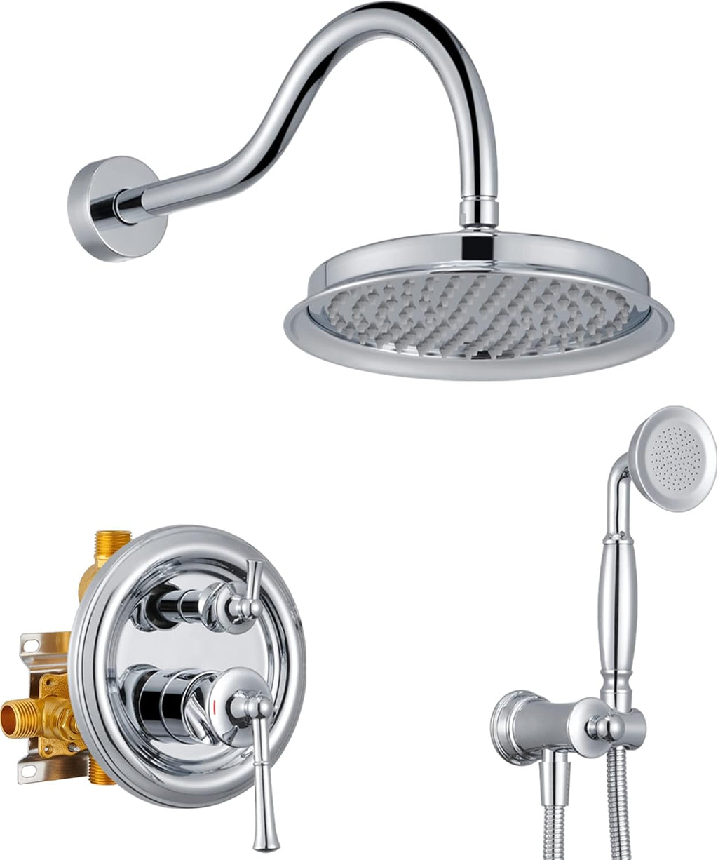 Rain Shower Head with Handheld Spray, Rainfall Shower System with Rough-in Valve, Shower Faucet Set with Pressure Balance Valve, 9 Inch Luxury Shower Trim Kit Wall Mount, Polished Chrome