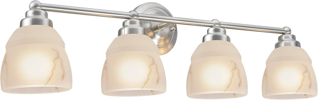 Aspen Creative Satin Nickel 62193-1, Four Metal Bathroom Vanity Wall Light Fixture, 4 3/4' Wide, Transitional Design Faux Alabaster Glass Shade