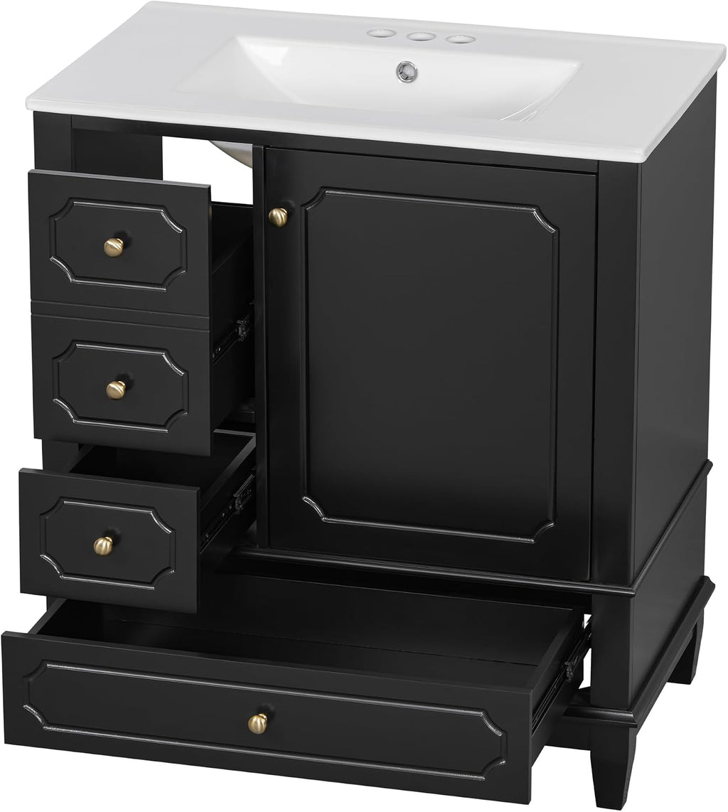 30' Bathroom Vanity with Sink, Harper & Bright Designs Free Standing Single Vanity Set with 3 Drawers and One Door with Storage Racks, Solid Wood Storage Cabinet with Ceramic Basin for Bathroom, Black