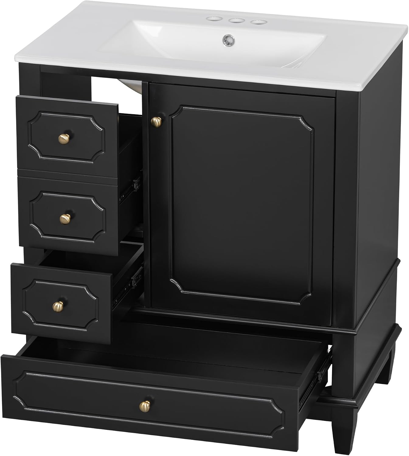 30' Bathroom Vanity with Sink, Harper & Bright Designs Free Standing Single Vanity Set with 3 Drawers and One Door with Storage Racks, Solid Wood Storage Cabinet with Ceramic Basin for Bathroom, Black